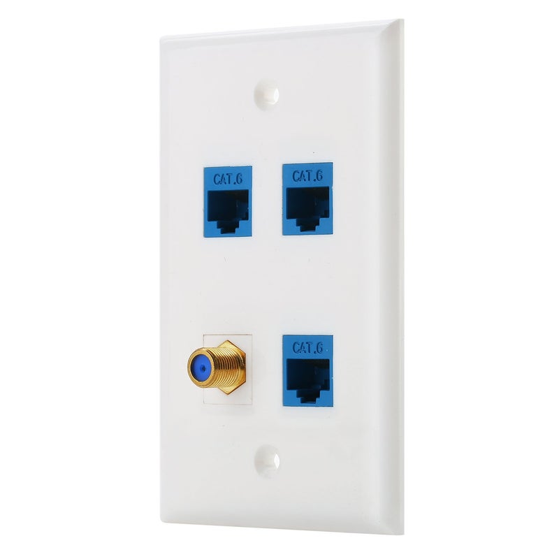 IBL-4 Port Wall Plate with Gold-Plated Coaxial TV Cable F Type + 3 Port Cat6 Ethernet Female to Female Jack in White - Image 1